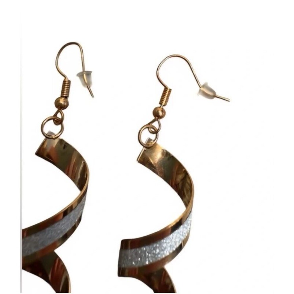 Gold Tone Silver Glitter Spiral Earrings NWOT Statement Dangle - Picture 3 of 3